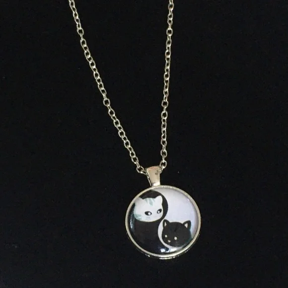 Yin Yang Black and White Silver Tone Necklace - Picture 2 of 7
